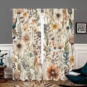 2 pieces, Bohemian retro art printed curtains, elegant wild plant flower design, pole pocket hanging, window treatment, polyester fiber, semi blackout enhanced privacy, suitable for bedroom, living room, kitchen, dining room, office home decoration.