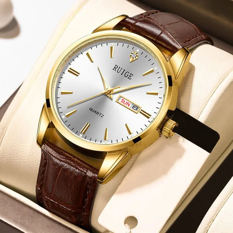 ruige Men's Fashion Watch, Versatile Analog Dress Watch with Cowhide Leather Strap, Double Calendar, Night Light, 40mm, Waterproof