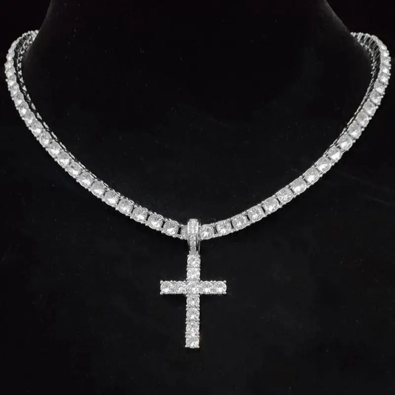 Unisex Easter Rhinestone Cross Pendant Necklace, Hip Hop Necklace, Fashion Elegant All-match Stainless Steel Jewelry Accessories, Chain Necklace, Costume Jewelry Necklace, Cross Necklaces, Cross Chain Design, Alloy Necklace
