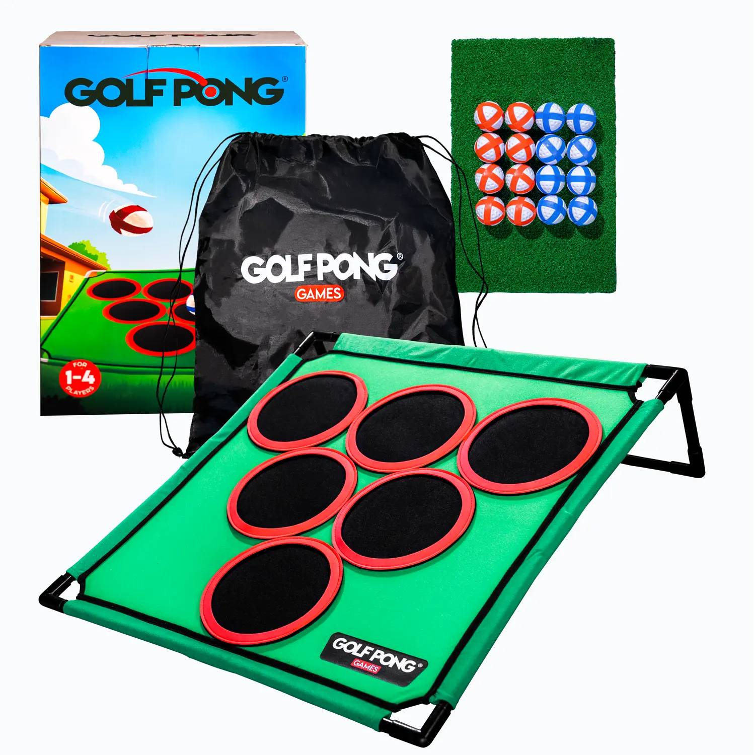 Golf Pong Game Set | Indoor & Outdoor Golf Beer Pong - Includes 16 Velcro Balls, Chipping Mat & Carrying Case | Fun Game for Adults - NO CLUB INCLUDED Portable Pong