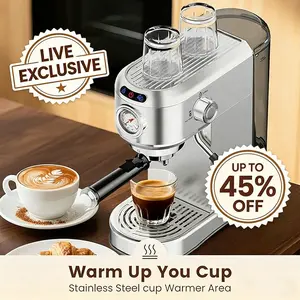 [Exclusive Livestream Offer]  20 Bar Espresso Machine, 1450W Semi-Automatic Coffee Maker with Milk Frother Steam Wand, 34oz Removable Water Tank for Latte Cappuccino, Silver