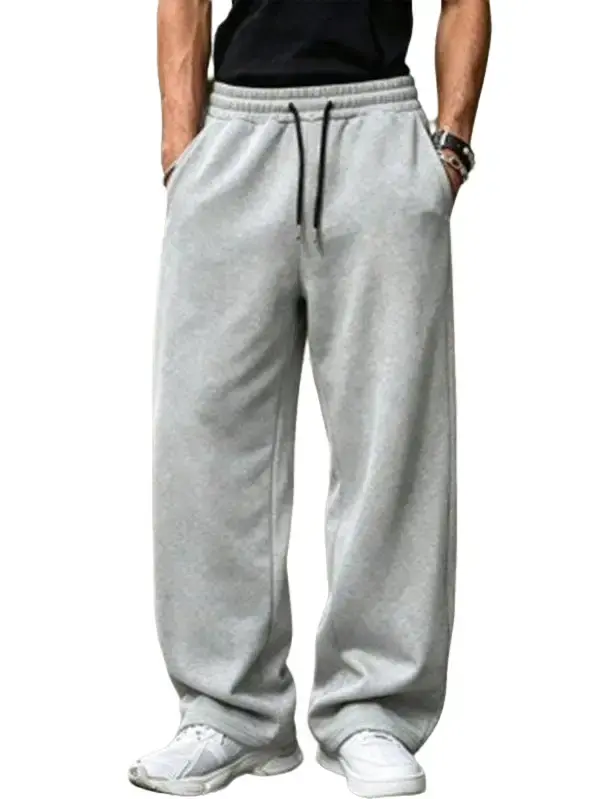 Men's Solid Color Uncuffed Sweatpants, Loose Fit Casual Sportswear Pants with Soft Drape, Drawstring and Pockets, Regular, Polyester, Men's Sweatpants