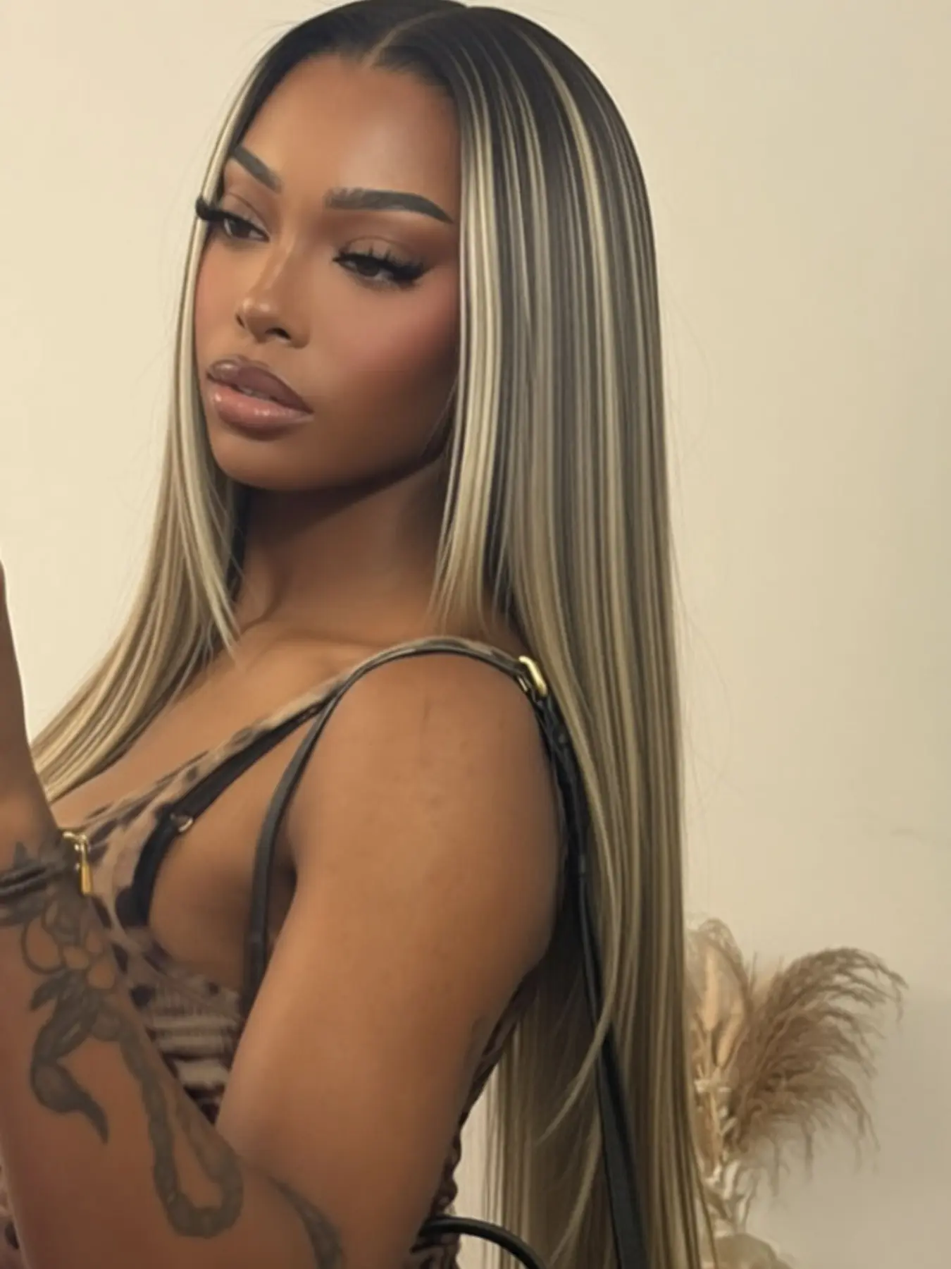 26 Inch Brown Highlighted Straight Lace Front Wig | Heat Resistant Synthetic Hair Soft & Lightweight Natural Parting Lace Frontal Wigs Premium Synthetic Wigs