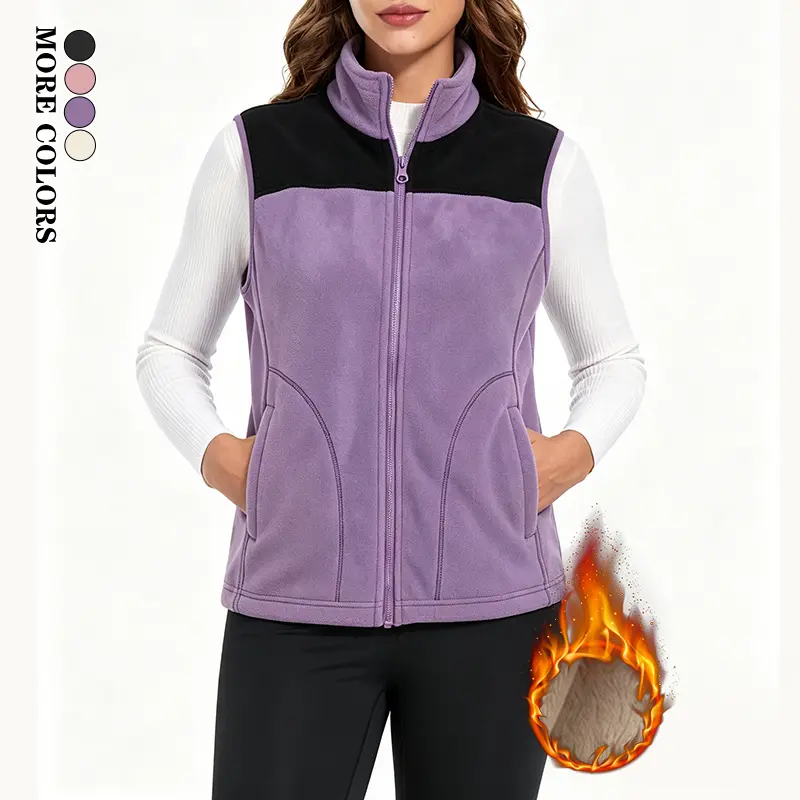 Women's Fleece Zip Vest - Lightweight, Windproof, Insulated Sleeveless Tops with Color-Block Stand Collar, Suitable for Camping, Office Wear, Outdoor Style