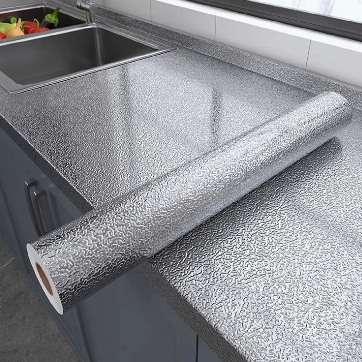 Self-Adhesive Aluminum Foil Kitchen Protection Film, Custom Size, Oil Resistant, Fireproof, Waterproof, Moisture Proof, Cabinet & Countertop Use, Waterproof Wallpaper, Installation