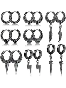 8 Pairs Mens Earrings Stainless Steel Black/Silver Stud Earrings Zirconia Earrings Set Vintage Hoop Earrings Pendant Feather Lightning Hypoallergenic Punk Piercing Cartilage Earrings for Men Fashionable Jewelry Accessories