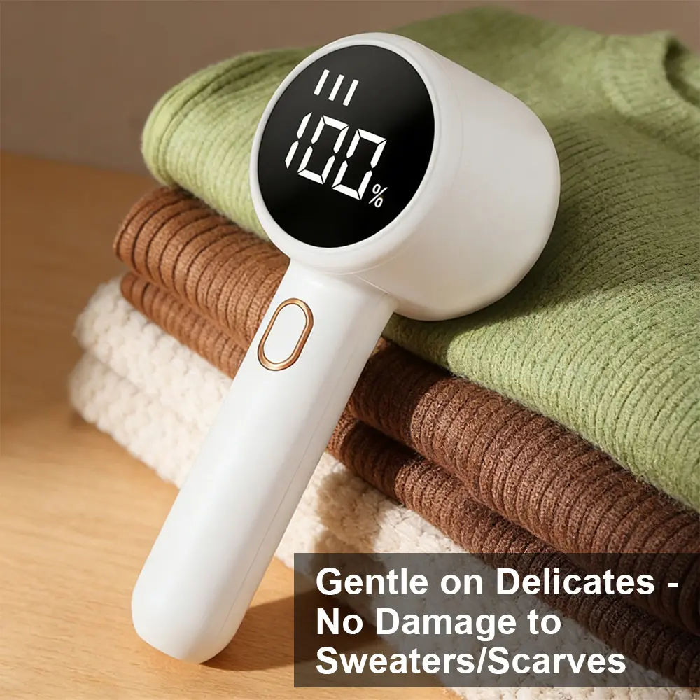 Handheld Rechargeable Fabric Shaver with 6-Blade Technology, LED Display, 3 Speed Levels, 2600mAh Battery, Compact Home Lint Removal Appliance, 2.4x2.3x6in, 2-Hour Charge, Safe Portable Travel-Friendly for Clothes, Couch, Handheld Form, Honeycomb Mesh, 2,