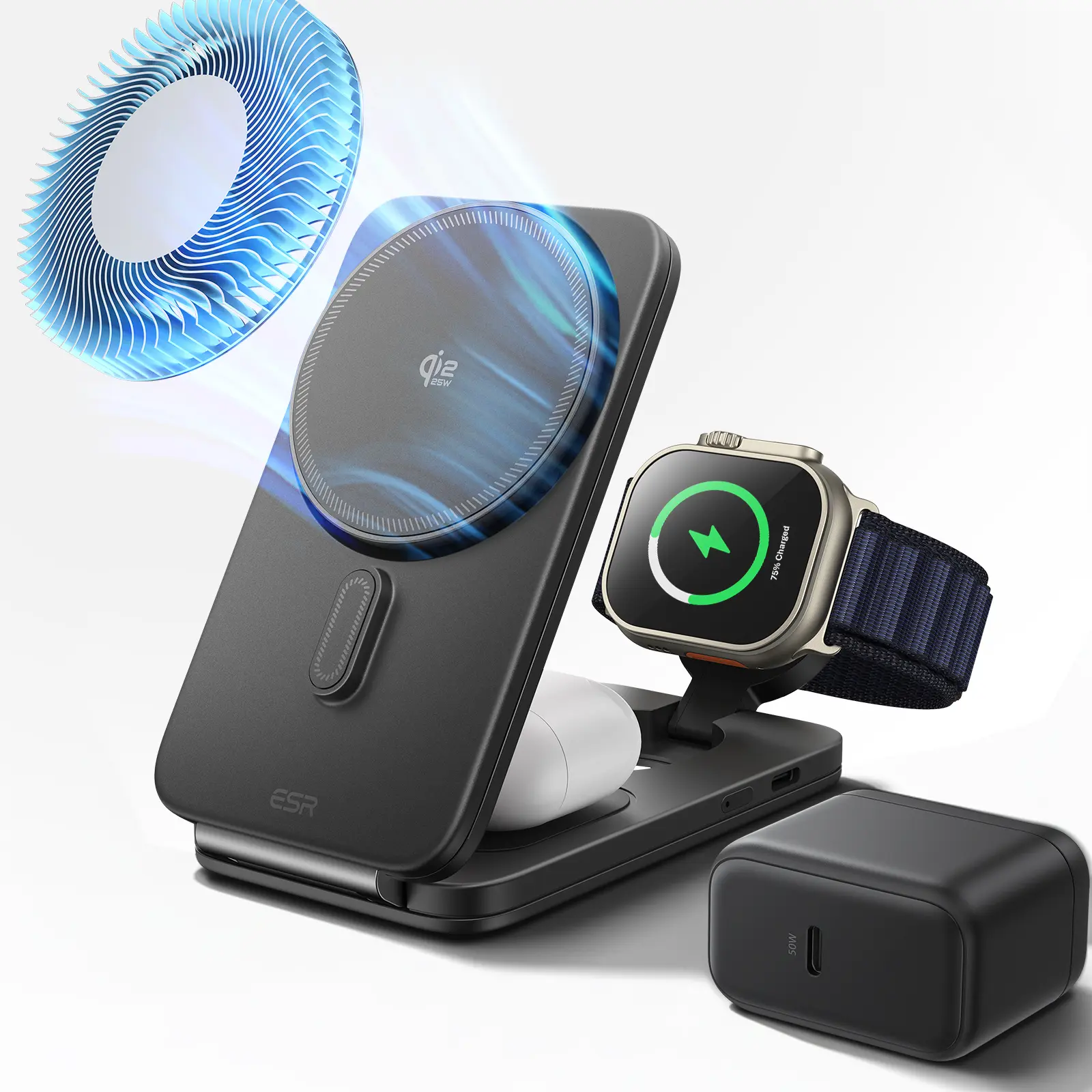 ESR 3 in 1 Charging Station for Apple, Qi2.2 25W MagSafe Charger with CryoBoost, Phone-Cooling Wireless Charging Station Foldable, for iPhone 17/16 with iOS 26(50W Adapter), AirPods, Apple Watch,Black#SummerVibes