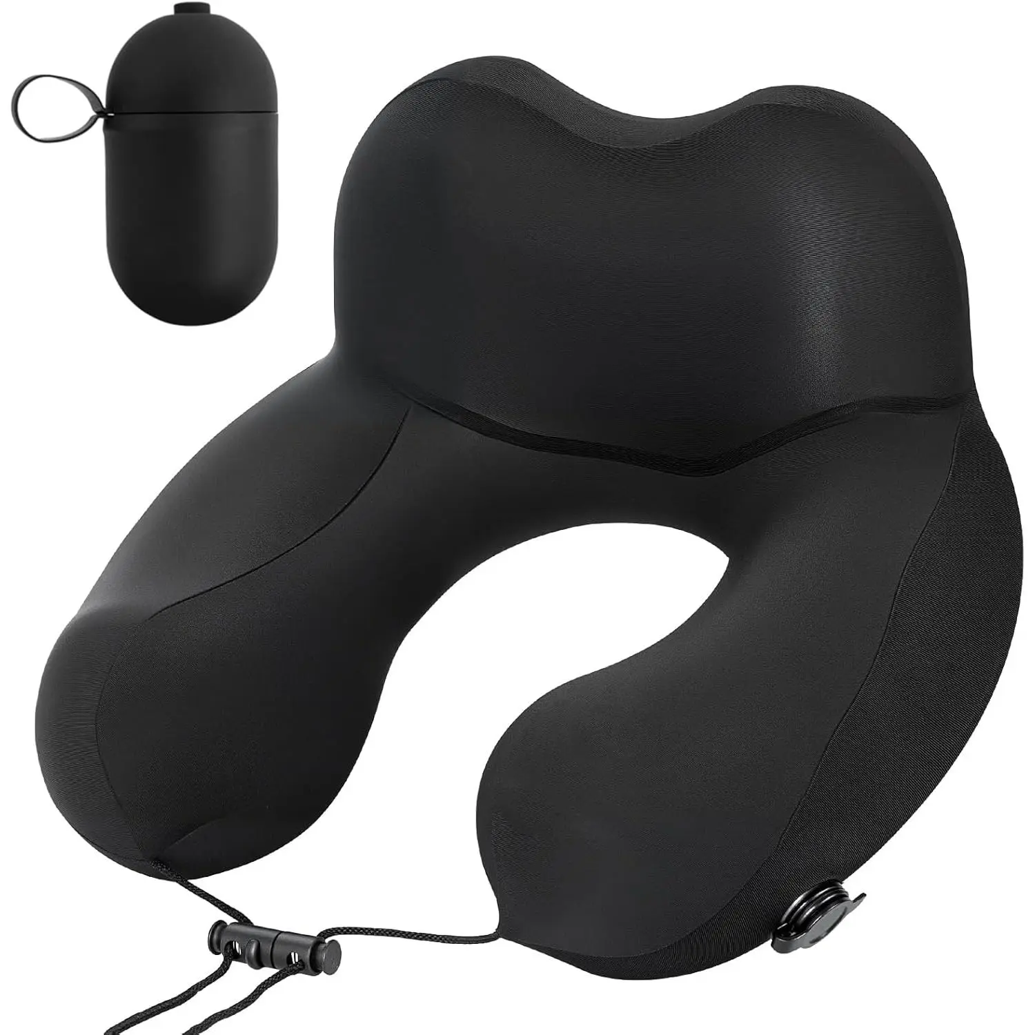 Black Inflatable Travel Neck Pillow - 2-in-1 Air-Pump & Storage Bag, Ergonomic 360° Head Support, Contoured Shape, Durable TPE Interior, PU Exterior, Skin-Friendly, Compact Design for Airplane, Train