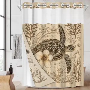 1pc 2D Flat Printing hookless shower curtain liner Sea Turtle with Flower Pattern Fabric waterproof lining shower curtain with transparent window, double-layer shower curtain, 71x74 inches, home decor, Bathroom decor