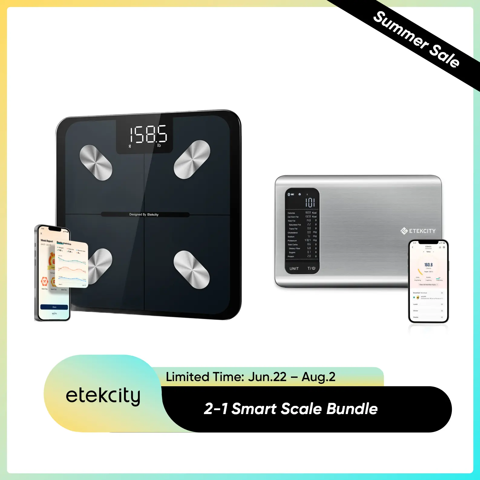 Etekcity Rectangular Intelligent Bathroom Weighing Scale Bundle - Digital Body Fat Scale with Accurate Weighing, Bluetooth Composition Tool, Food Nutrition Tracker, Vesync App Integration for Fitness Selfcare Summer Sale