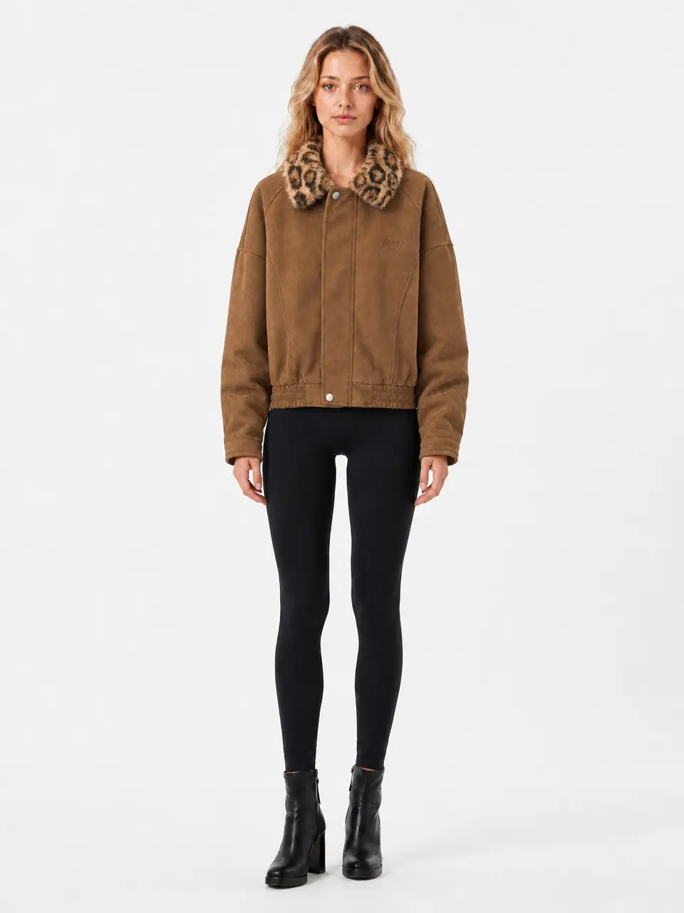 Women Vintage American Faux Suede Bomber Jacket Leopard Print Lapel Collar Oversized Zip Up Casual Outerwear