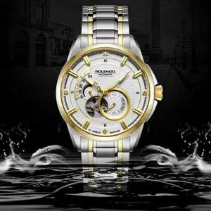 Men's Two Tone Automatic Mechanical Watch, Skeleton White Dial Multi Subdial Stainless Steel Band Luxury Business Wrist Watch