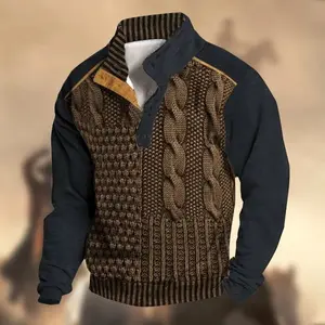 Men's Knitted Buckle Weave Pattern Mandarin Collar Long Sleeve Sweater