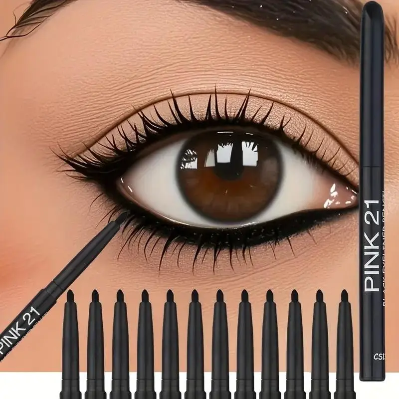 12-piece set of black gel eyeliner pencils, Eye makeup product - smudge-proof, long-lasting, easy to apply, with a matte quick-dry formula, suitable for creating stage makeup looks, natural brows, and eye makeup, ideal for makeup enthusiasts
