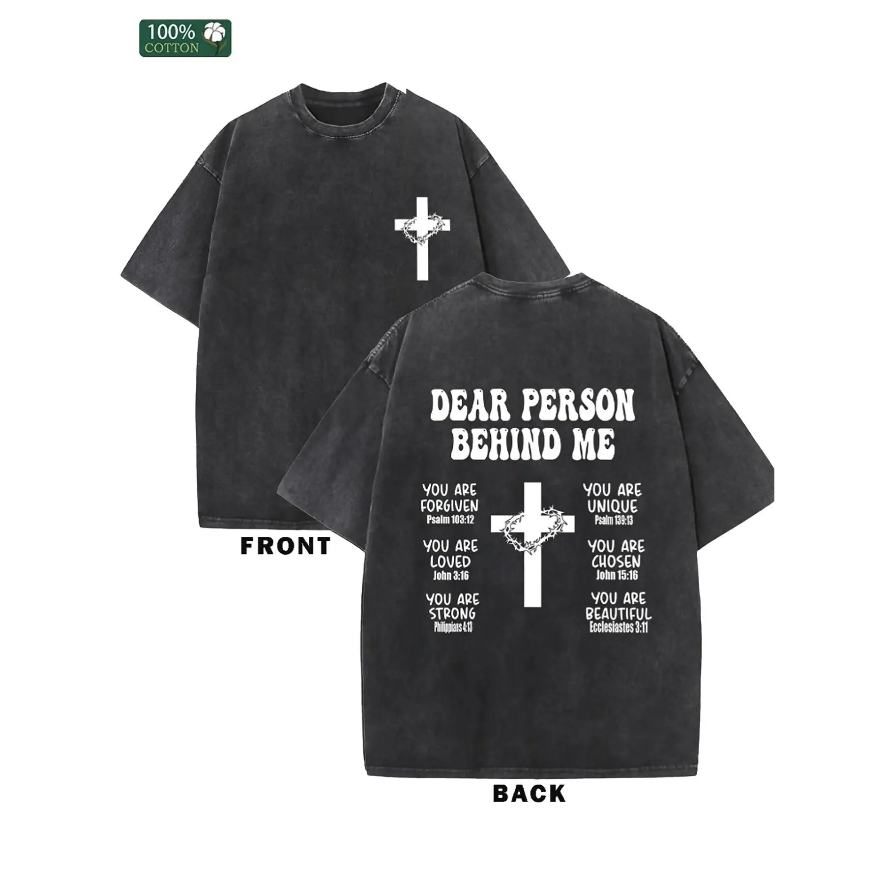Menswear 230G Washed Cotton Round Neck Shortsleeve T-Shirt - Double-Sided Printed "Dear PERSON BEHIND Me", Retro Loose Comfortable Streetwear Top, Ideal for Travel, Leisure Wear, Holiday Gifts
