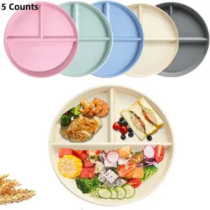 Unbreakable Divided Plates 5PCS for Kids Adults, Corelle Divided Plates, Wheat Straw Divided Plates, Salad Serving Plates, Lightweight Reusable Dinnerware Portion Control Plastic,9IN