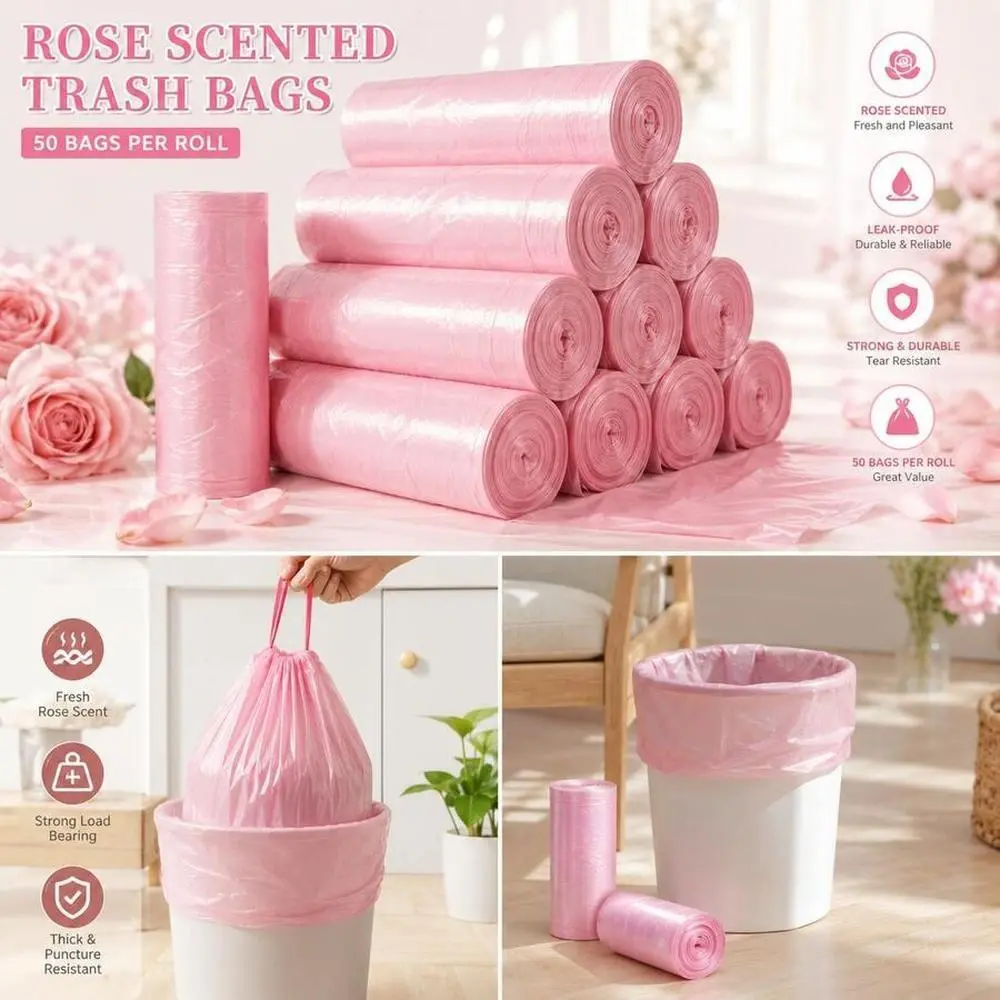 Pink Medium-Size (4-5 Gal) Deodorizing Trash Bags, 100-Pack PE Plastic Heavy-Duty Leakproof Disposable Bin Bags for Bathroom Trash Can & Daily Home Use