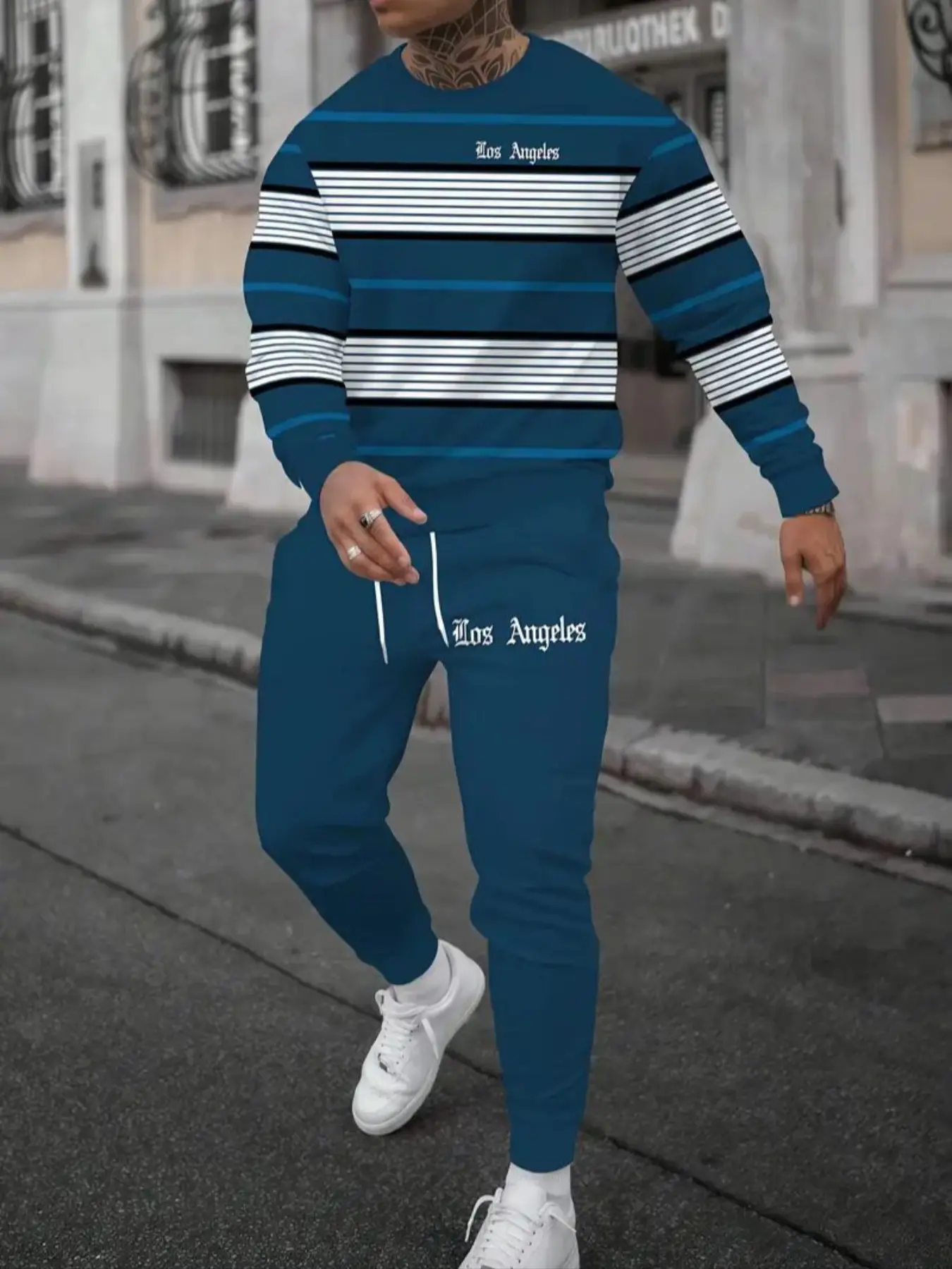 Men's 2-Piece Casual Loose Long Sleeve Print Sweater and Jogger Set, &, Round Neck, Drawstring Waist, Fall&winter Wear