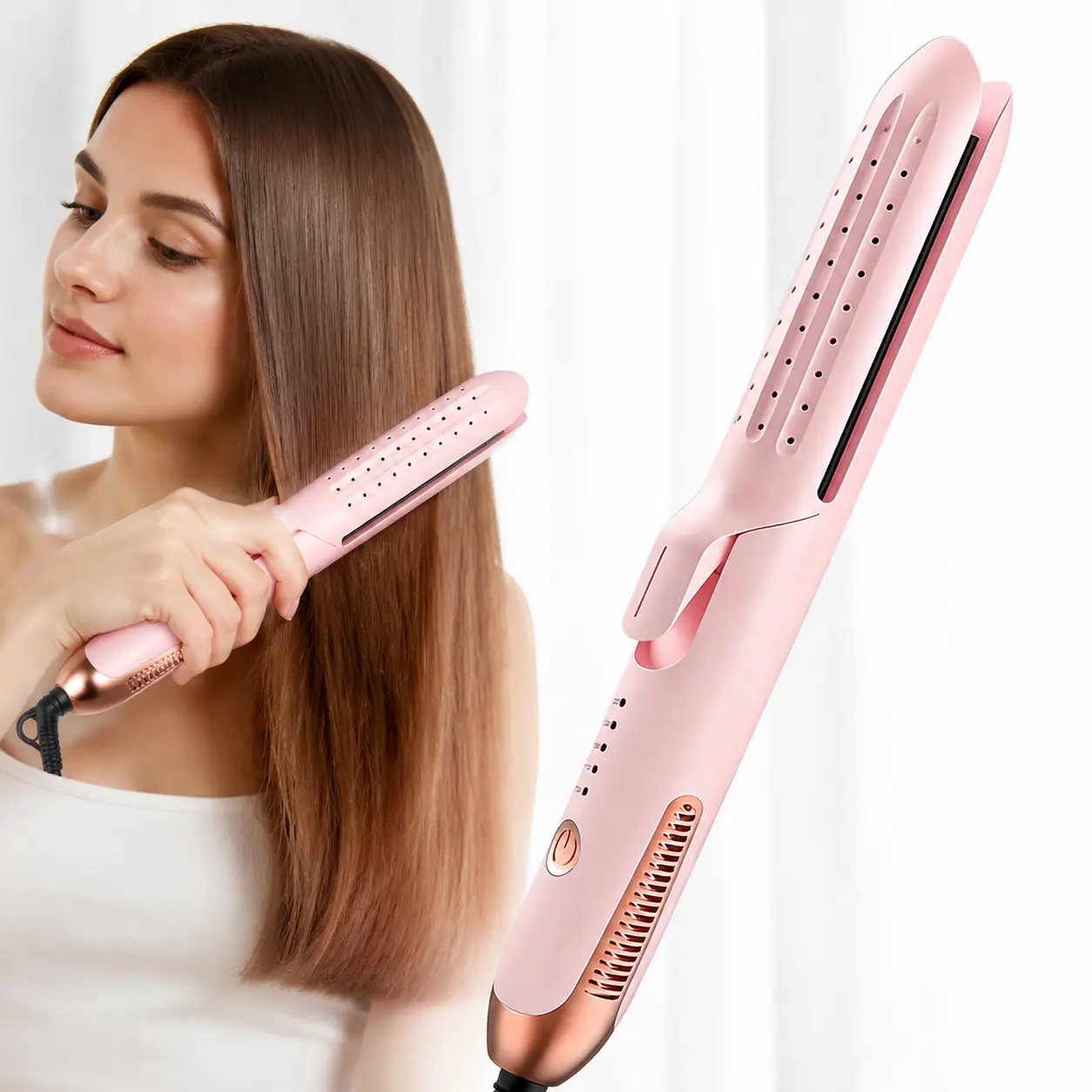 2-In-1 Hair Straightener And Curler, 360° Cooling Airflow Styler With Negative Ions, 5 Temperature Settings, Dual Voltage Portable Travel Hair Styling Tool