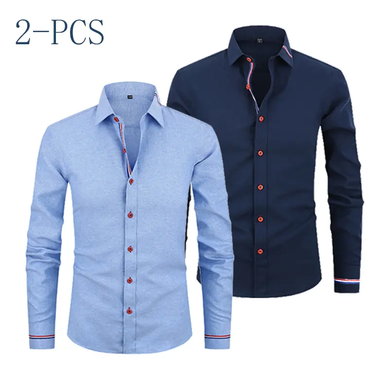 2 pcs cotton–polyester blend white shirts with contrast piping; red button details; slim fit; long sleeves; suitable for business casual wear; business white shirt with contrasting striped lining; 55% cotton, wrinkle‑resistant, no ironing required; men’s