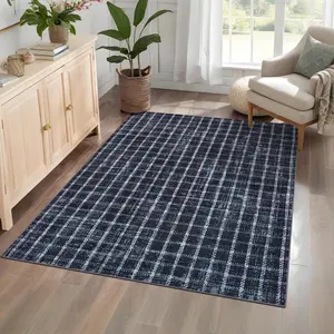 5x7 Washable Non-Slip Geometric Checkered Runner Rug, Modern Farmhouse Blue Throw Carpet for Home, Kitchen