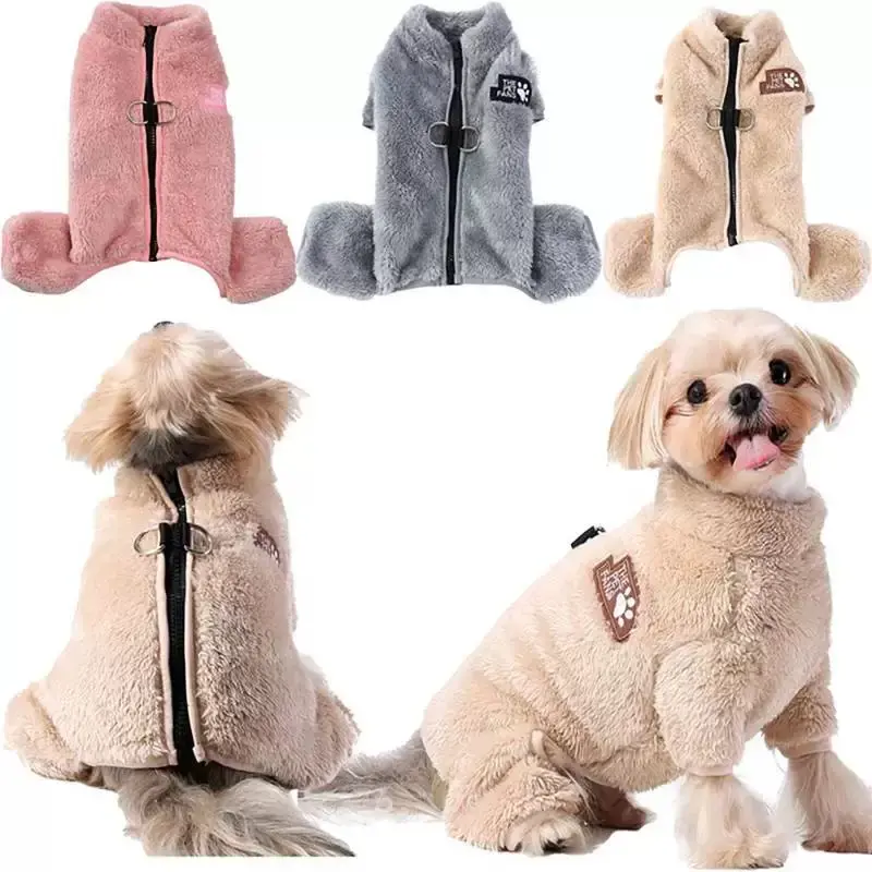 Solid Soft Fleece Dog Coat - 4-Leg Covered, D-Ring Zipper Design, Easy Wear Winter Plush Pet Overall for Small-Medium Dogs (XS-S-M-L-XL)