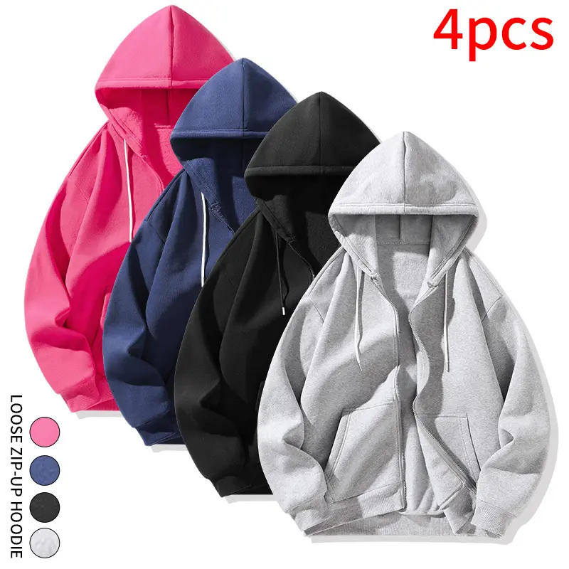 Men's Unisex 4-Pack Zip-Up Loose Hoodie, Outdoor Activity & Weekend Gathering Wear for Spring & Fall