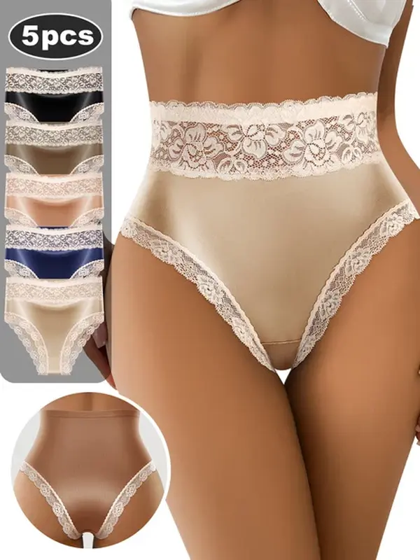 QUASTI 5-Piece High-Waisted Elegant Lace Panties, Soft, Breathable Fabrics, Butt-Lifting Triangle Panties, Skin-Friendly, High-Elasticity, Comfortable Womenswear, Sizes S-XXL