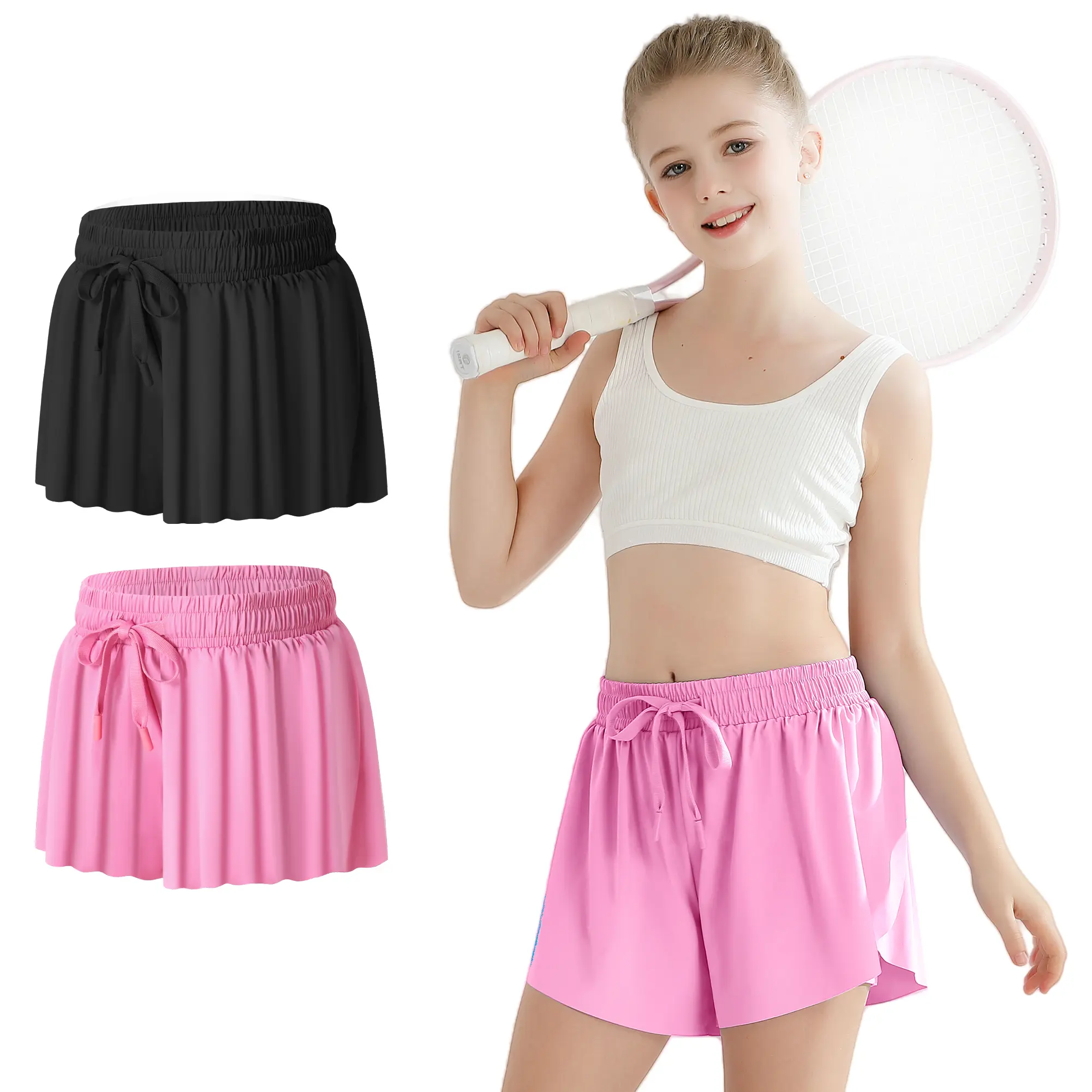 Girls' Flowy Butterfly Athletic Shorts, 2 in 1 Lightweight Fabric Skort with Pocket for Tennis, Gymnastics, and Cheer, Ages 5-13 Years, Multi-Size, Nylon, Solid Colors, Active Sports, 2 In 1 Design, 10 - 11 Years, 13% Spandex