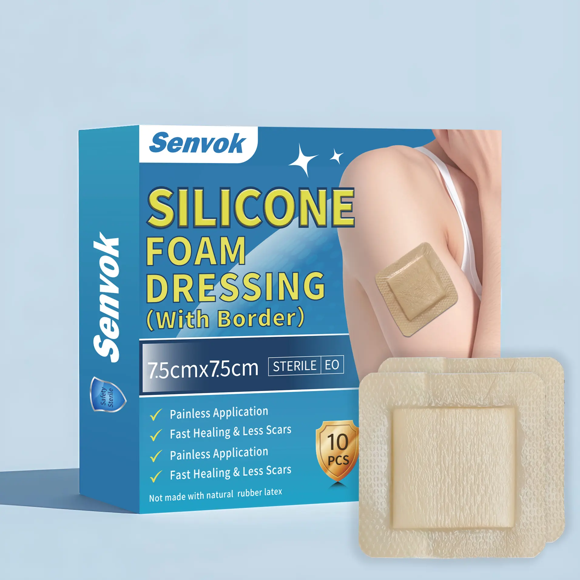 Senvok Silicone Adhesive Foam Dressing 7.5cm x7.5cm (10 Pack)-High Absorbency Wound Padfor Pressure Sores, Leg & Diabetic Ulcers, GentleBorder