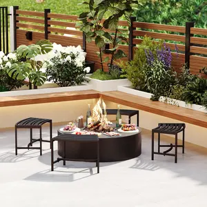 FUFU&GAGA Set of 4 Curved Metal Outdoor Stools, All Weather Patio Fire Pit Bench Seats, Multi-Purpose Corner Plant Stand