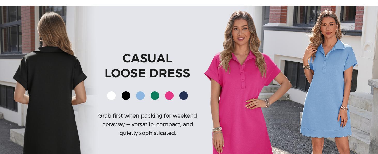 Fisoew Sports Womens Summer T Shirt Mini Dress Short Sleeve Collared V Neck Button Loose Active Dresses with Pockets Casual Wear Womenswear