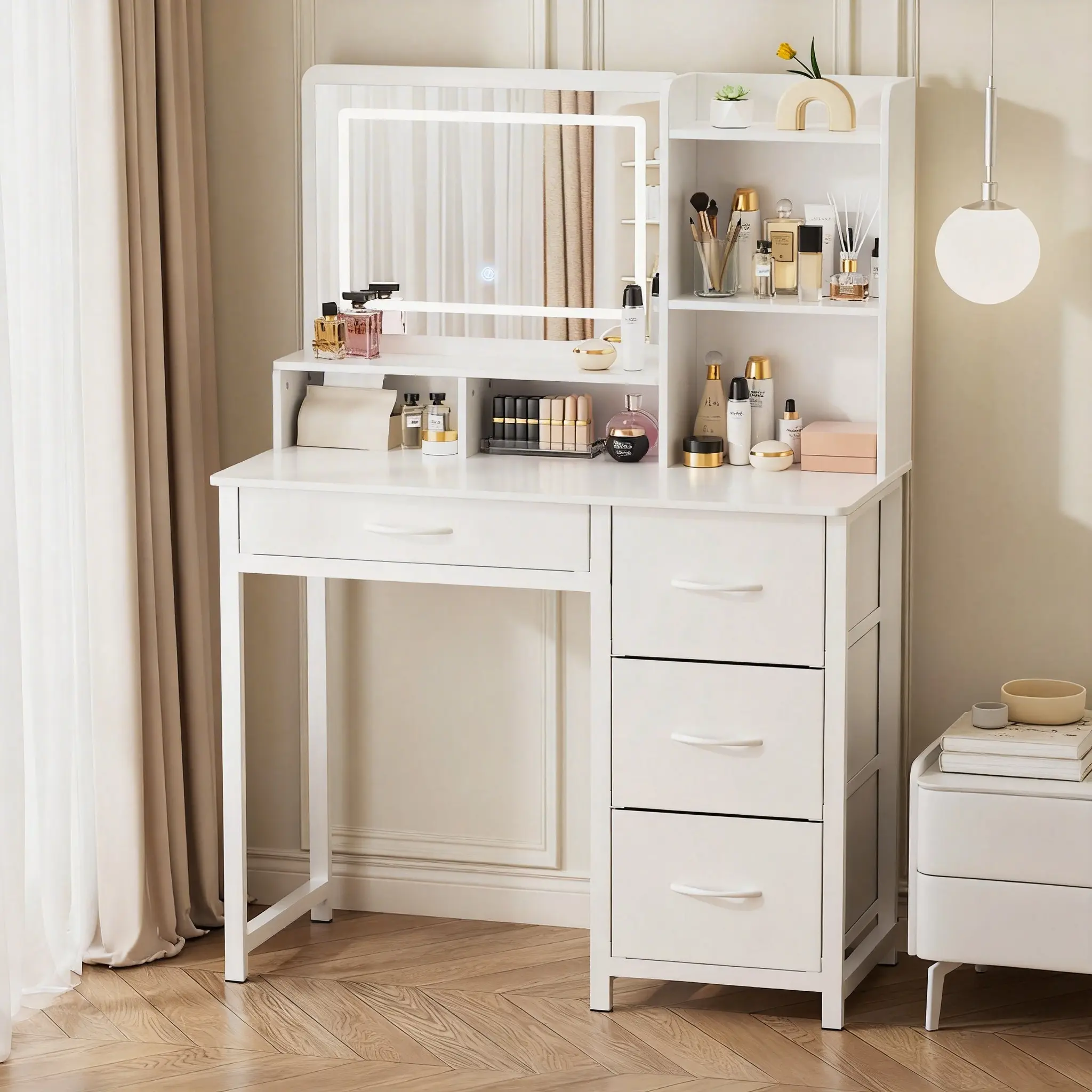 White Vanity Table Set with Mirror and Drawers, Makeup Vanity Desk with Storage Shelves for Bedroom, Modern Dressing Table for Cosmetics, Jewelry and Skincare, Space Saving Vanity Desk Furniture for Home, Apartment and Dorm
