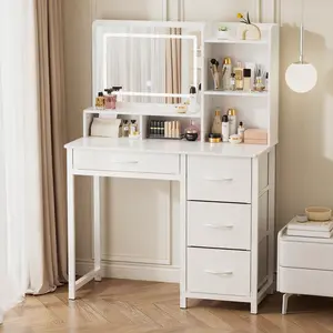 White Vanity Table Set with Mirror and Drawers, Makeup Vanity Desk with Storage Shelves for Bedroom, Modern Dressing Table for Cosmetics, Jewelry and Skincare, Space Saving Vanity Desk Furniture for Home, Apartment and Dorm