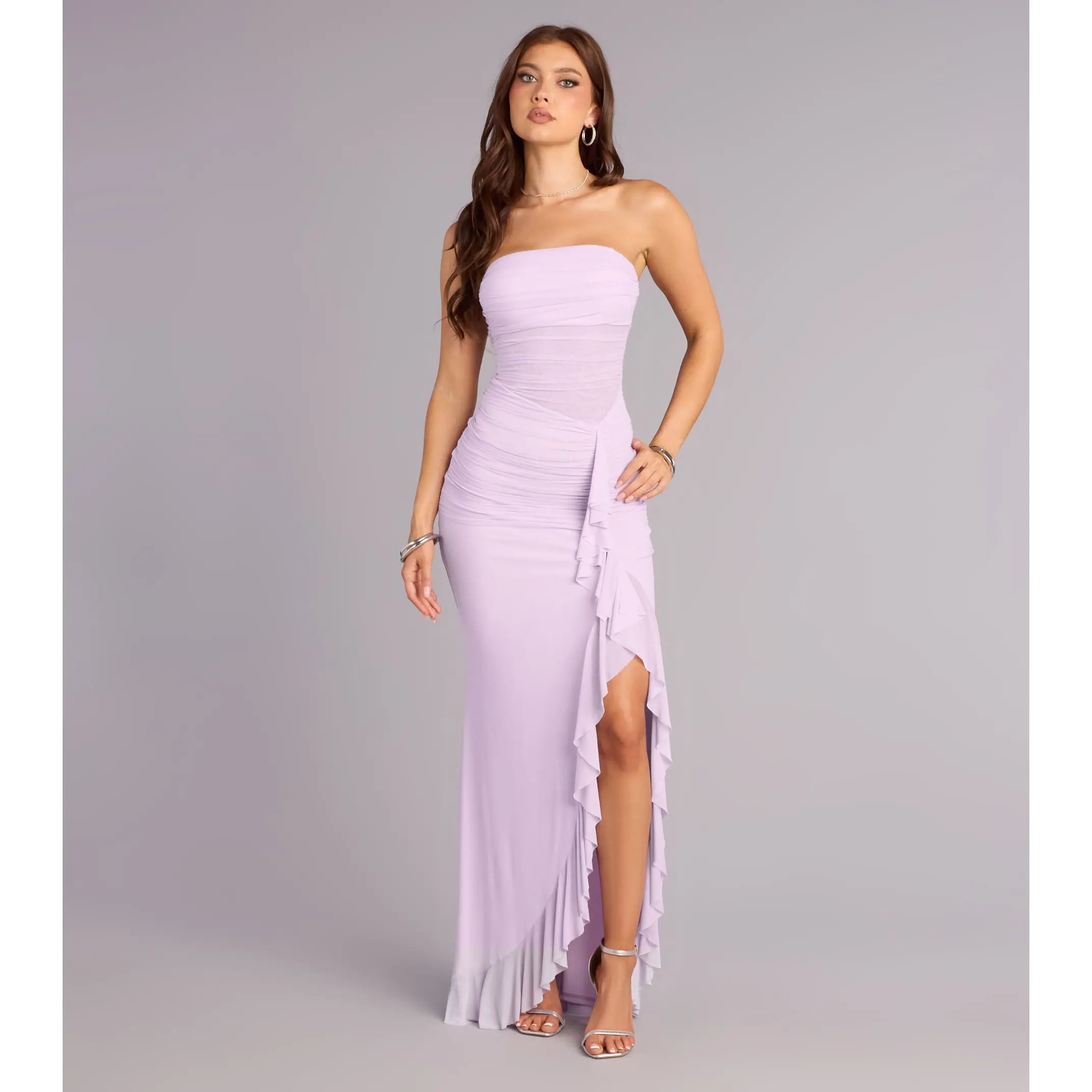 Sienna Mesh Ruffle Slit Formal Dress Sienna Mesh Ruffle Slit Formal Dress