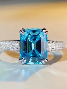 Women's Pure Silver Ring with Sea Blue Stone, Classic Four Claw Pyramid Design, High Carbon Diamond Jewelry, Trendy Cross-Border Fashion Accessory