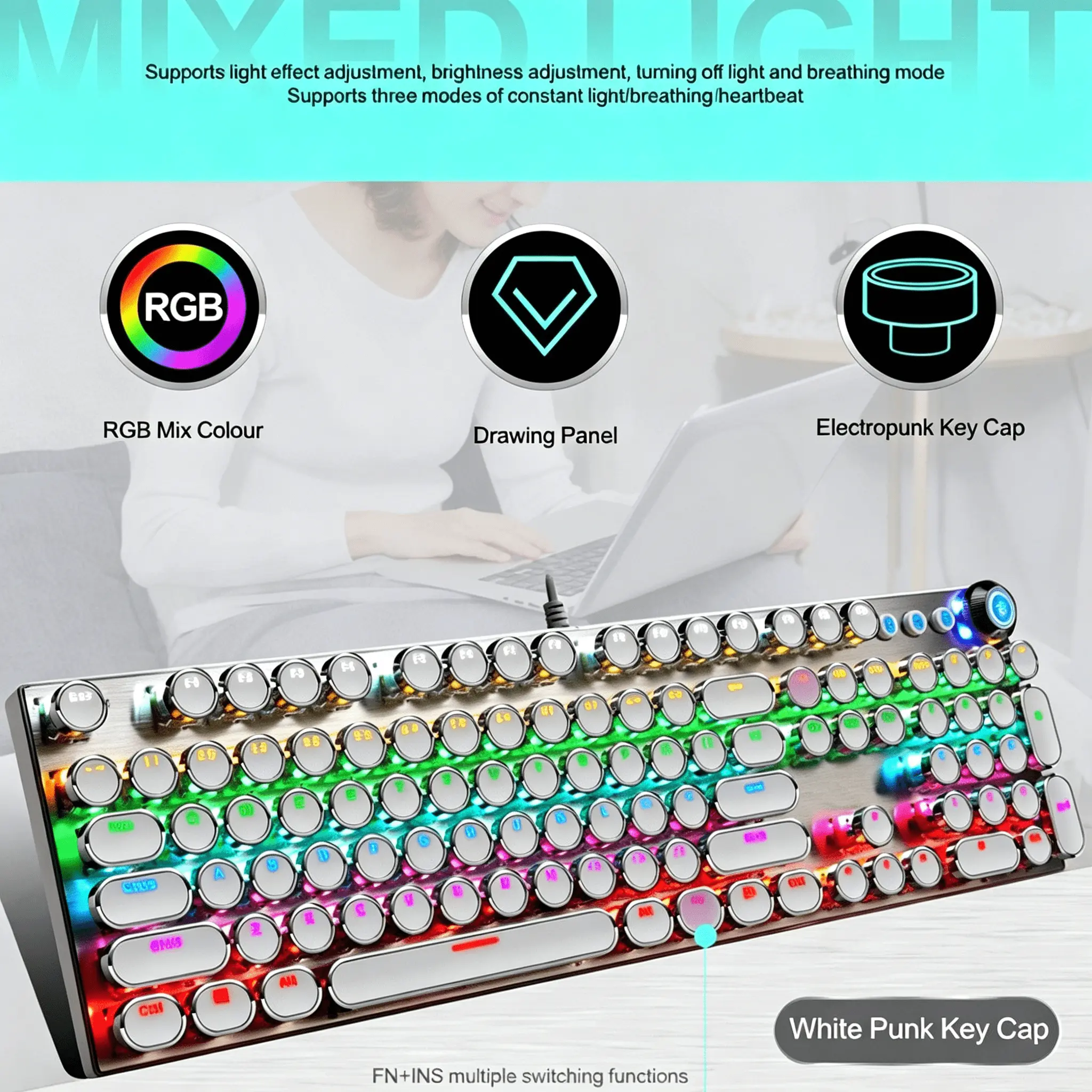 Retro White Mechanical Typewriter Keyboard, 108-Keys Anti-Ghosting, Rainbow Backlit, Control Knob for Aesthetic Desk Setup (Computers & Office Accessories)