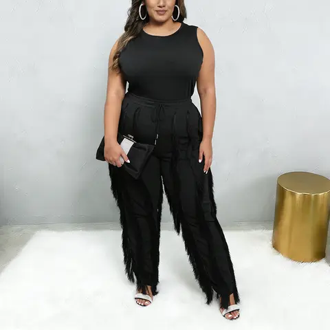 Women's Plus Size 2-Piece Crew Neck Sleeveless Tank Top & Fringe Tassel Waist Pants Set - Spandex-Polyester Soft Stretchy Lightweight Fabric, Fit Casual Elegant Party Wedding Clubwear
