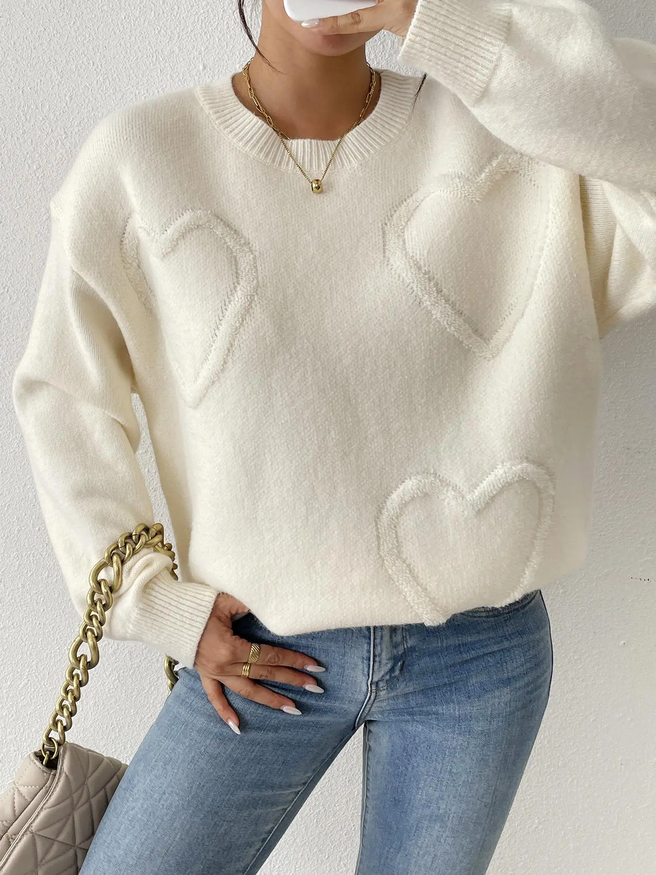 Women's Heart Pattern Sweater, Loose-Fit Long Sleeve Casual Soft Jacquard Knit Top, Fall & Winter Round Neck Pullover, Oversized Valentine's Day Style Knitwear