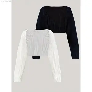 Qianzhuo Digital Store Solid-Color Knitted Openwork Wool Sweater 2-Piece Set, Elegant Spring and Autumn Long-Sleeve Fold-Over Design, Women’s Wear