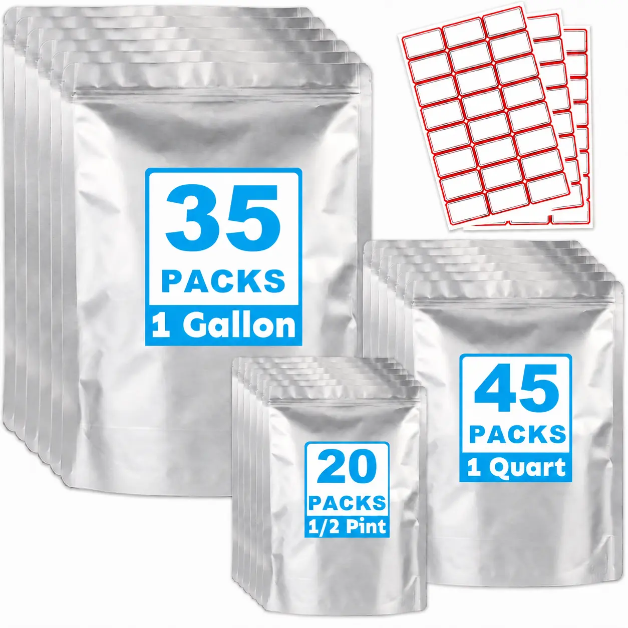 100-Pack Multipurpose Reusable Dustproof Mylar Food Storage Bags - 10Mil 1Gal (35pcs), 8Mil 1Qt (45pcs), 6Mil 0.5Pt (20pcs) - Airtight Collapsible Resealable Ziplock for Long-Term Kitchen Food Preservation Solutions, Camping