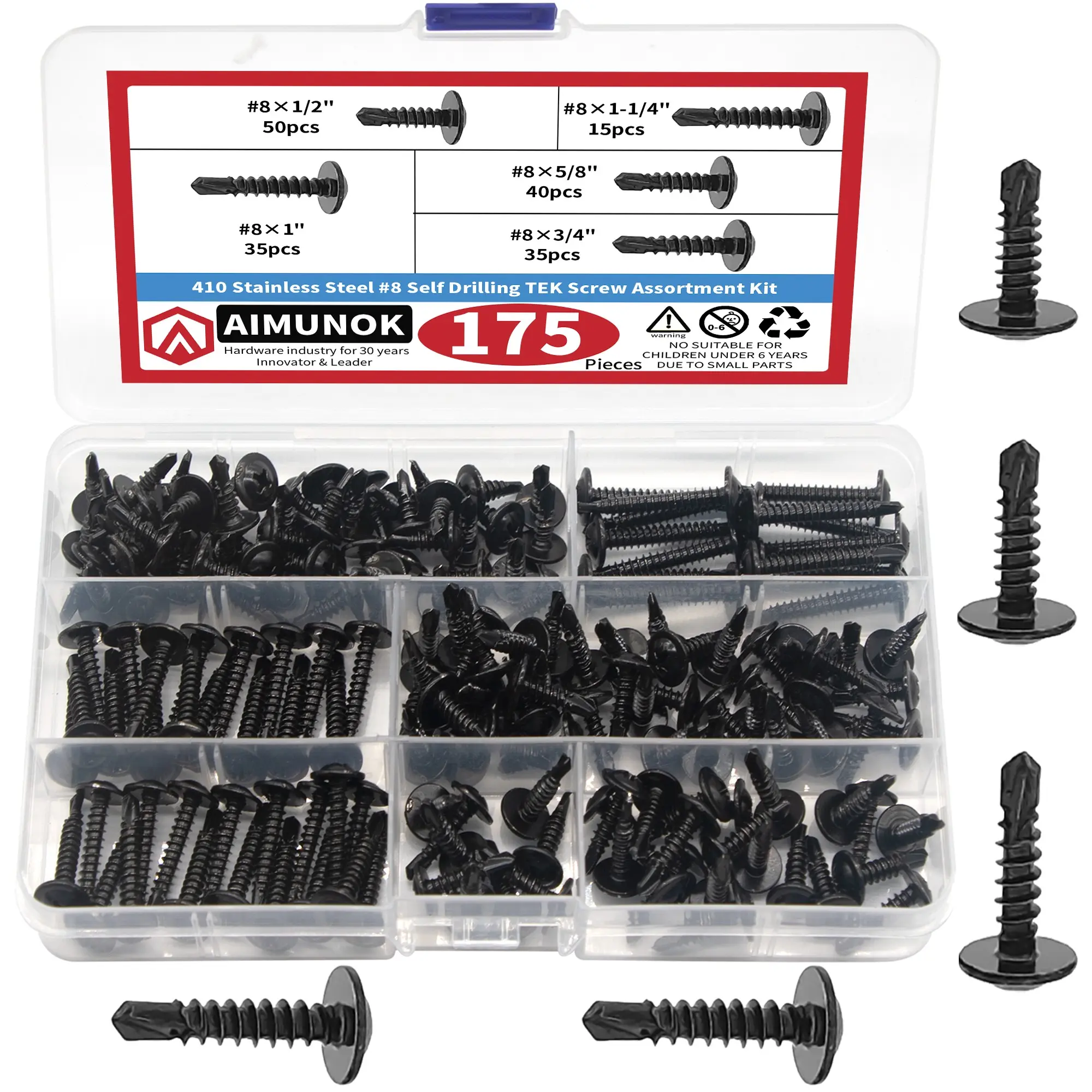 Aimunok Stainless Steel Self-Drilling Tek Screws, Stainless Steel Self Tapping Screws, Heavy Duty Fastening, For Wood/metal, Rust-Resistant, Multi-Size Set, Stainless Steel Hex Washer Head TEK Screws for Metal Roofing & Construction, Screw Set Assortment
