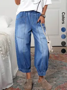 Women's Plaid Loose-Fit Denim Woven Jeans, Casual All-Seasons Comfortable Design, Perfect for Daily Wear & Outdoor Activities