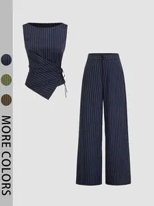 Women's Striped Tie-Back Vest Top and Straight Leg Pants Set, Elegant Slim-Fitting Adjustable Outer Vest Suit for All Seasons