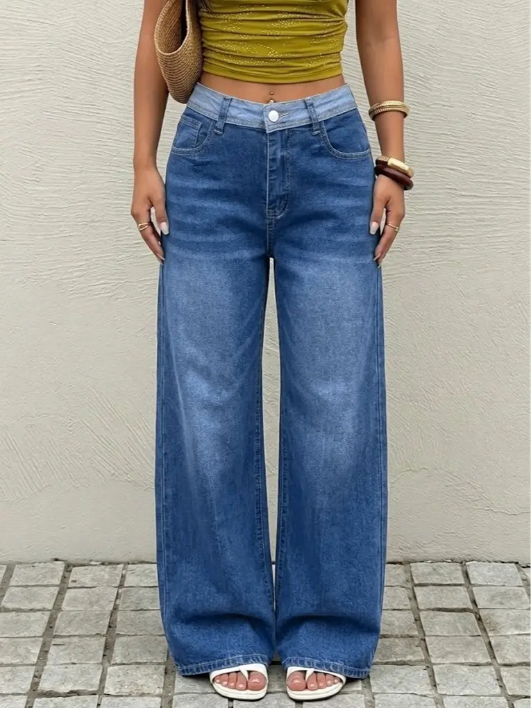 Women's Chic Casual Streetwear 2-Tone Wide-Leg Denim Joggers - Color-Block Waist, Loose Relaxed-Fit Sports Pants, Jeans, Everyday