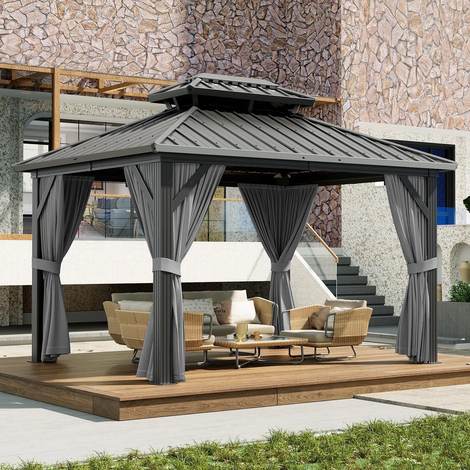 Garvee 10x12 ft Double Roof Hardtop Gazebo, Heavy-Duty Rustproof Galvanized Steel Pavilion with Aluminum Frame, UV-Resistant Sunshade Canopy, 2-Sided Zippers Netting & Curtains, 6-8 People Metal Patio Structure for Terrace, Lawn