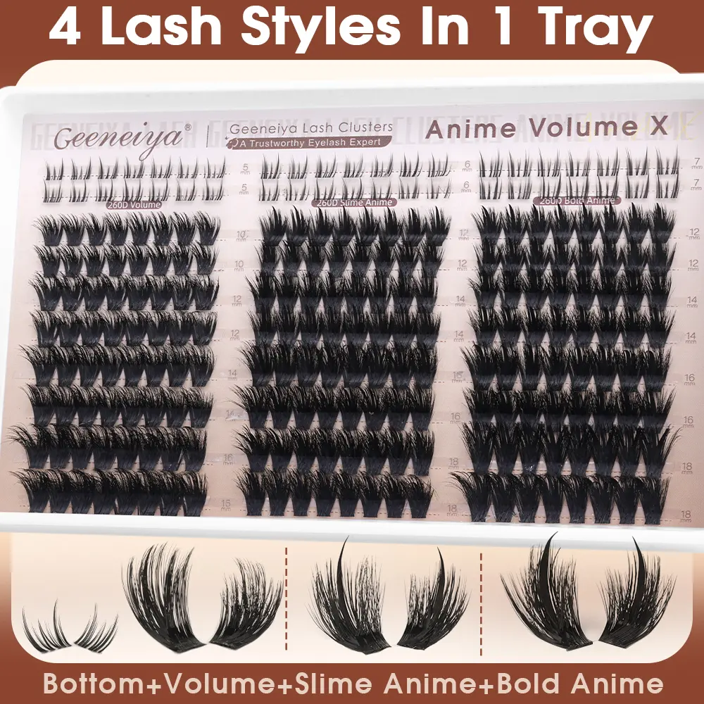 Geeneiya Anime Volume X  Lash Clusters  Full Eyelash Extensions with Spike Lash CLusters Lightweight Faux Mink Eyelash Clusters  with Bottom Lashes , D Curvature  DIY Lash Clusters