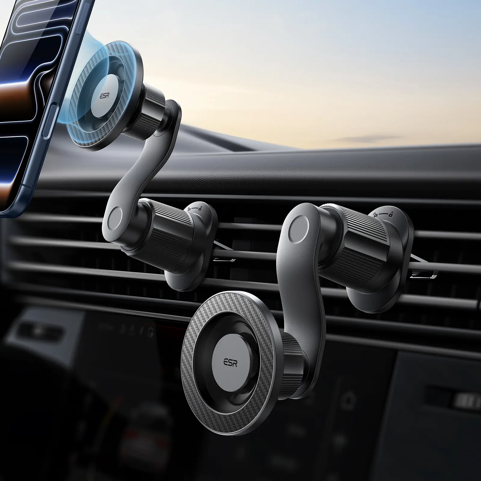 ESR OmniLock MagSafe Car Mount - Aluminum Alloy Clip-On, 360° Rotation, Air Vent Holder for Driving & Calls, Secure Hold for iPhone 17e/17/16/15/14/13/12, Google/Samsung/Android Smartphones (2 MagSafe Rings Included)