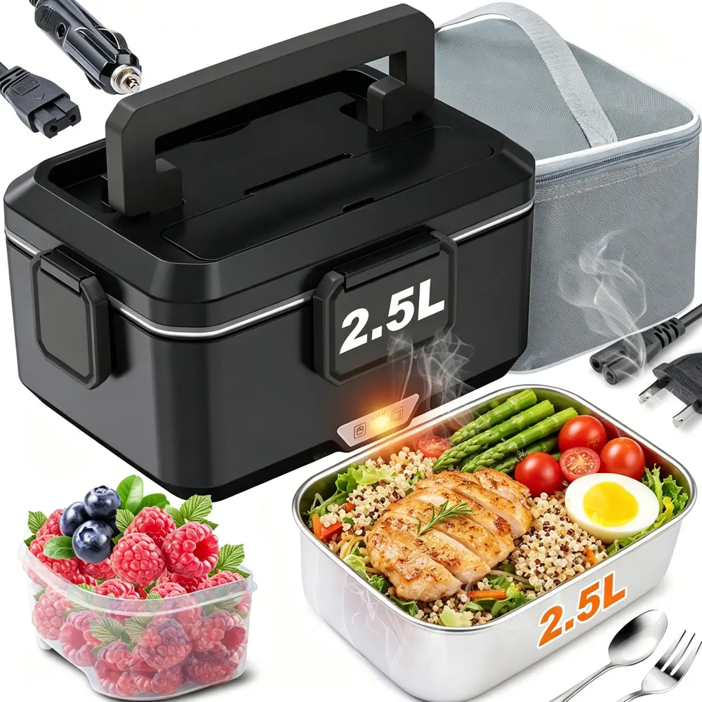 Square Compact Digital Electric Food Heater Lunch Box, Universal 12V/24V/110V Voltage Camping Workplace Almuerzo